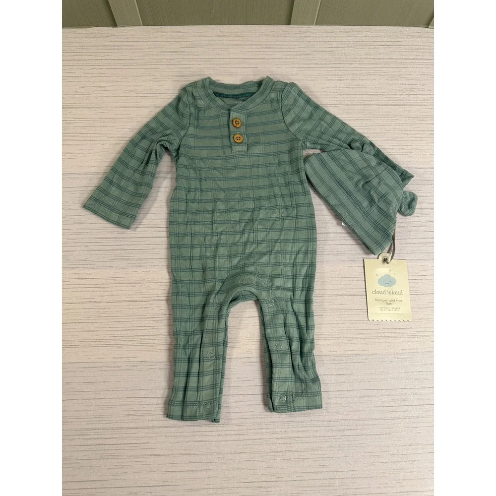 Cloud Island Baby Newborn 0M Romper Bodysuit Pants Hat Orange Teal 4pc Bundle